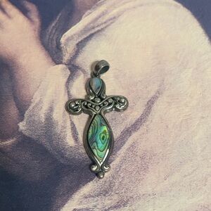 Abalone Inlay Cross Pendant Necklace - Green Blue
